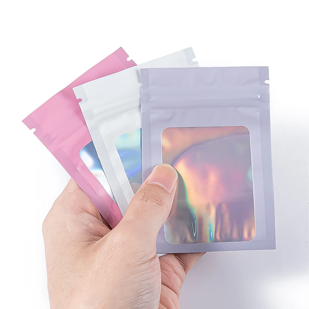 50Pcs Thick Smell Proof Mylar Bag Holographic Laser Color Plastic Packaging Pouch Jewelry Retail Storage Pouch Gift Zip Lock Bag