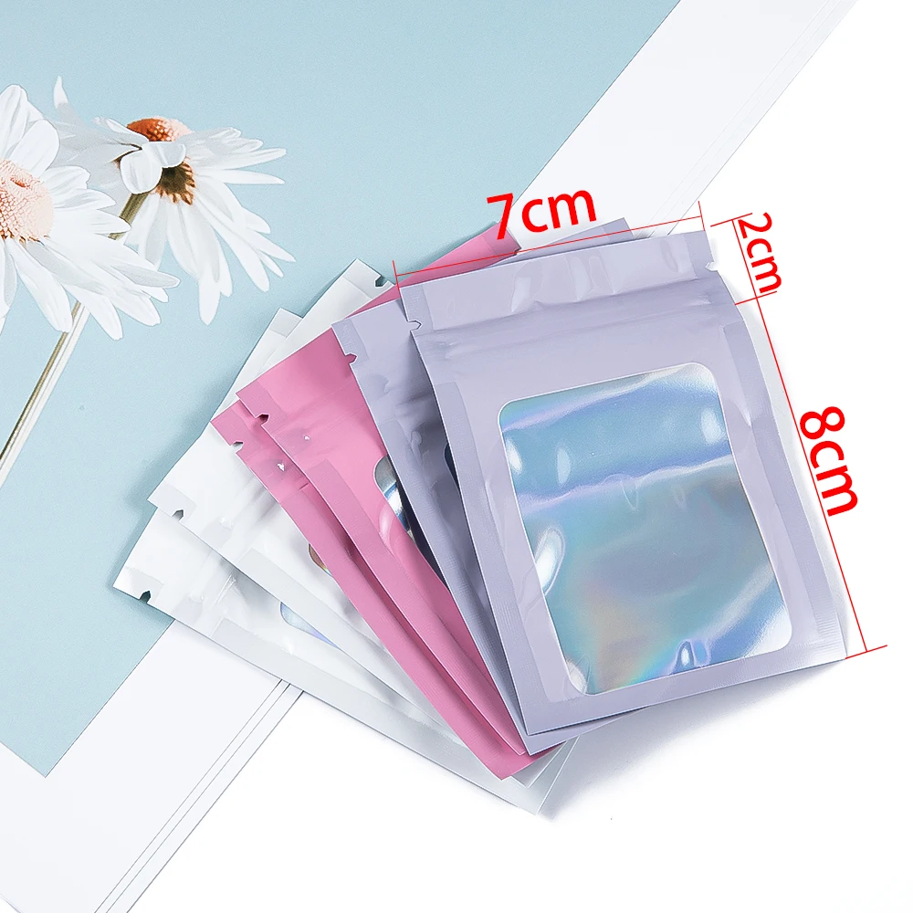 50Pcs Thick Smell Proof Mylar Bag Holographic Laser Color Plastic Packaging Pouch Jewelry Retail Storage Pouch Gift Zip Lock Bag
