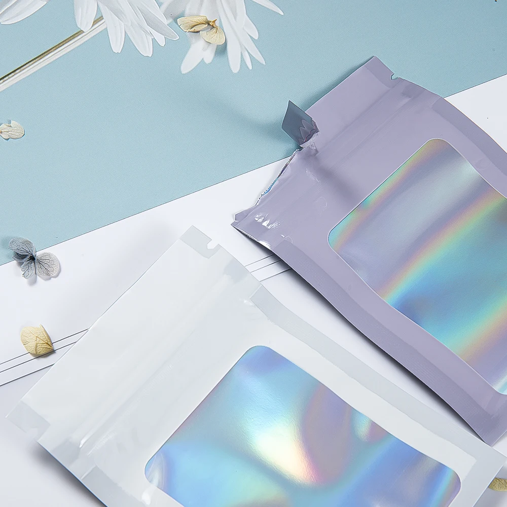 50Pcs Thick Smell Proof Mylar Bag Holographic Laser Color Plastic Packaging Pouch Jewelry Retail Storage Pouch Gift Zip Lock Bag