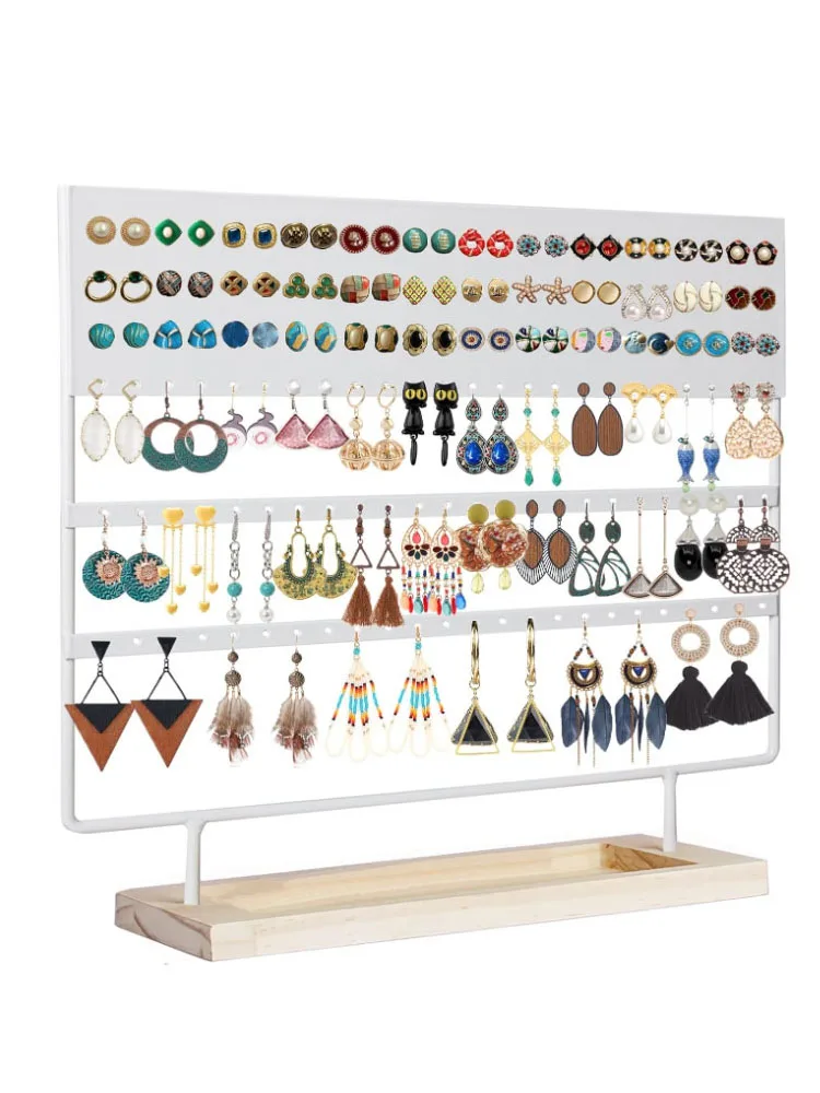 Earring Holder Organizer Stand - Earrings Display Rack 144 Holes Jewelry Holder Tower with Wooden Tray for Earrings Rings White