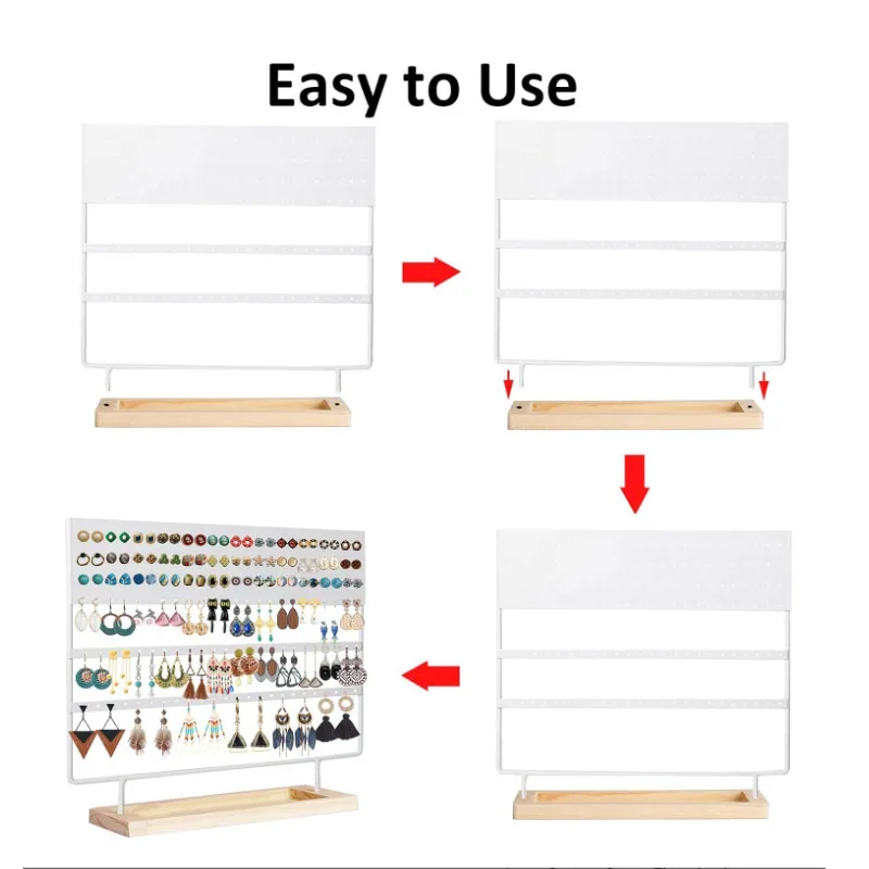 Earring Holder Organizer Stand - Earrings Display Rack 144 Holes Jewelry Holder Tower with Wooden Tray for Earrings Rings White