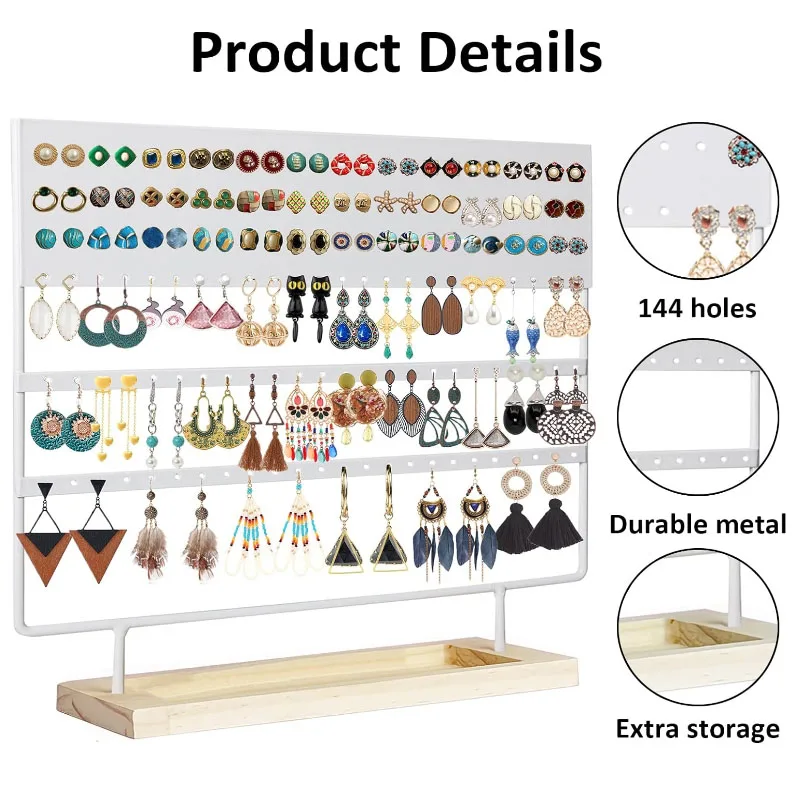 Earring Holder Organizer Stand - Earrings Display Rack 144 Holes Jewelry Holder Tower with Wooden Tray for Earrings Rings White