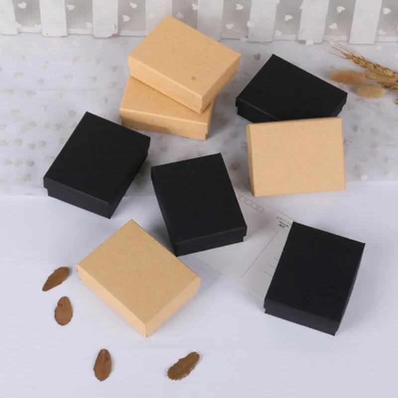 50pcs Black White Brown Kraft Paper Jewelry Gift Box Luxury Cardboard 7x9x3cm Bracelets Earrings Rings Necklaces Packaging Boxes