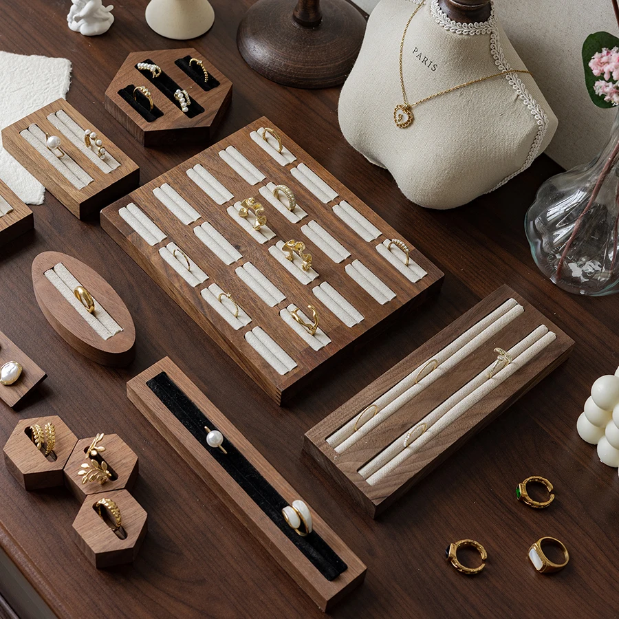 Walnut Ring Display Plate Jewelry Display Stand Black Beige Ring Holder Jewelry Bottom Storage Organizer Photography Props