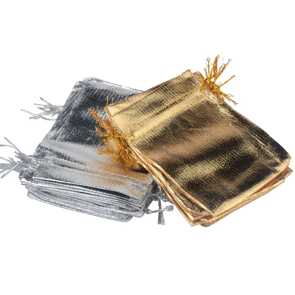 50pcs/lot 7x9 9x12 10x15cm Adjustable Jewelry Packing Fabric Bag Gold Colors Drawstring Wedding Storage Pouches