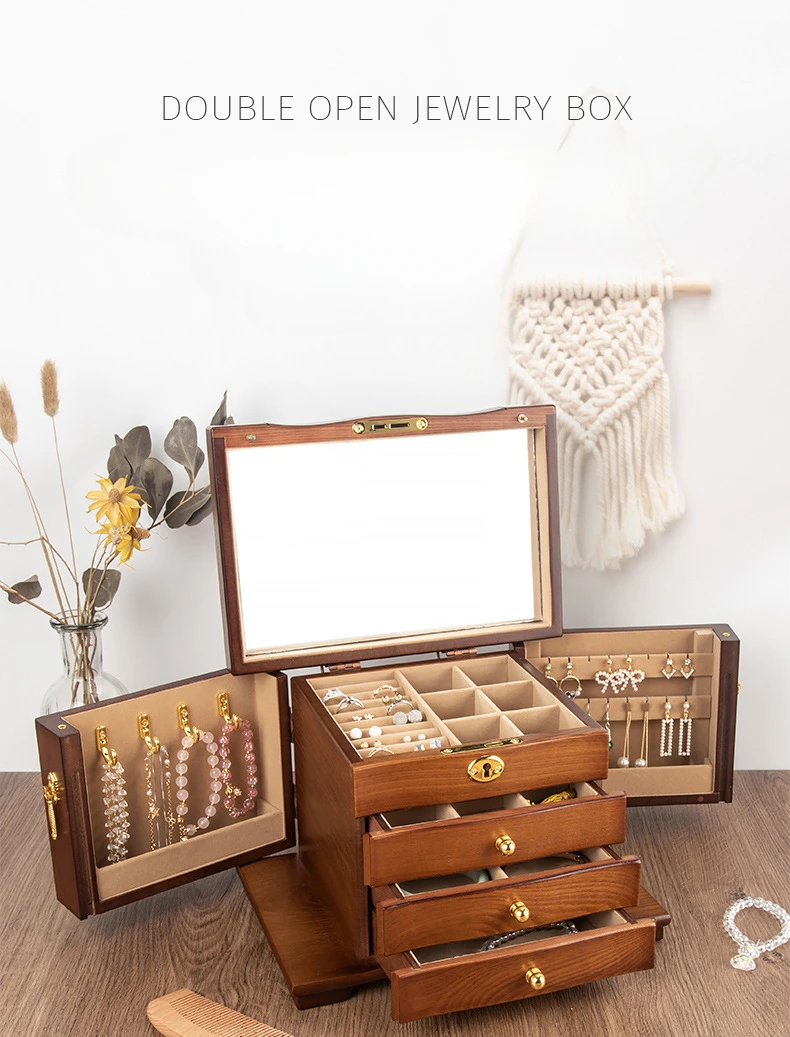 Wood Jewelry Box Big Size Ring Necklace Earrings Jewelry Box Organizer Drawer Bracelet Display Stand Women Accessories Storage