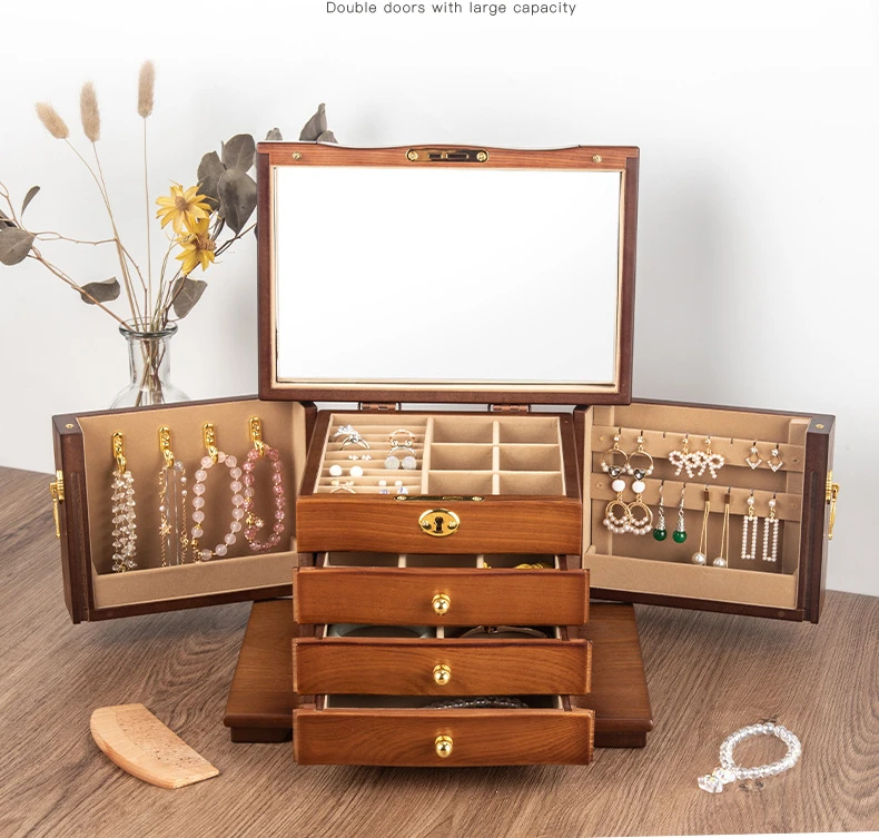 Wood Jewelry Box Big Size Ring Necklace Earrings Jewelry Box Organizer Drawer Bracelet Display Stand Women Accessories Storage