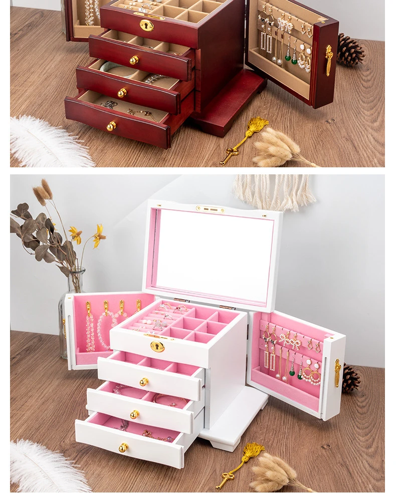 Wood Jewelry Box Big Size Ring Necklace Earrings Jewelry Box Organizer Drawer Bracelet Display Stand Women Accessories Storage