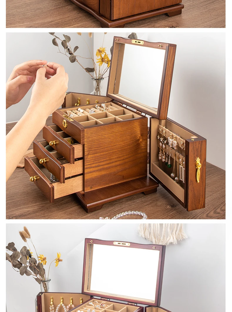 Wood Jewelry Box Big Size Ring Necklace Earrings Jewelry Box Organizer Drawer Bracelet Display Stand Women Accessories Storage