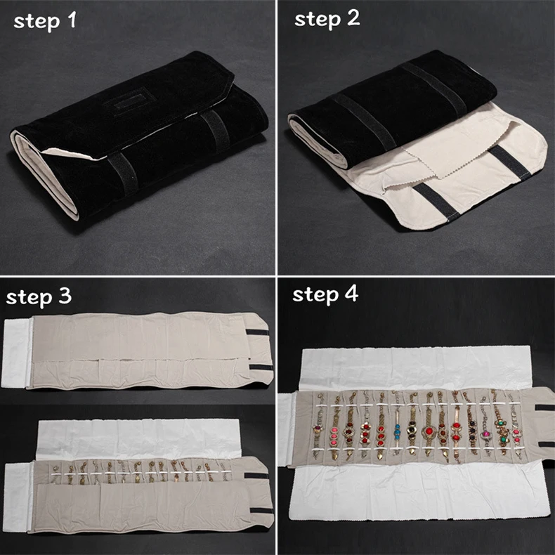 Portable Black Velvet Travel Jewelry Carrying Case Roll Bag Pendant Necklace Bracelet Earrings Ring Storage Bag Organizer Pouch