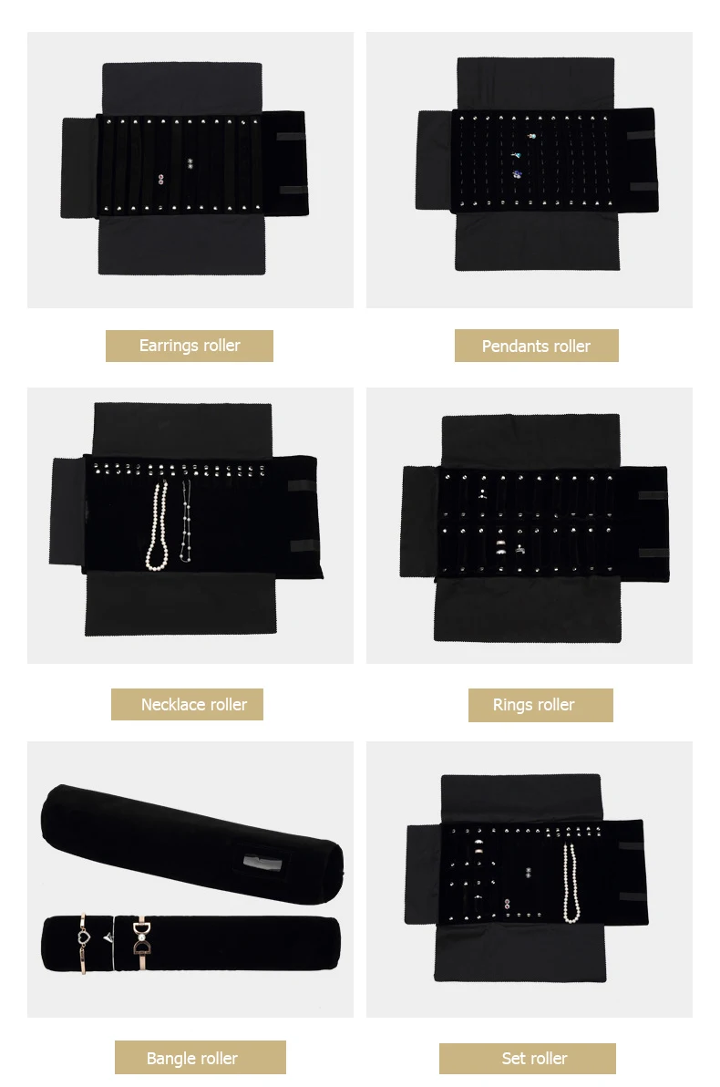 Portable Black Velvet Travel Jewelry Carrying Case Roll Bag Pendant Necklace Bracelet Earrings Ring Storage Bag Organizer Pouch