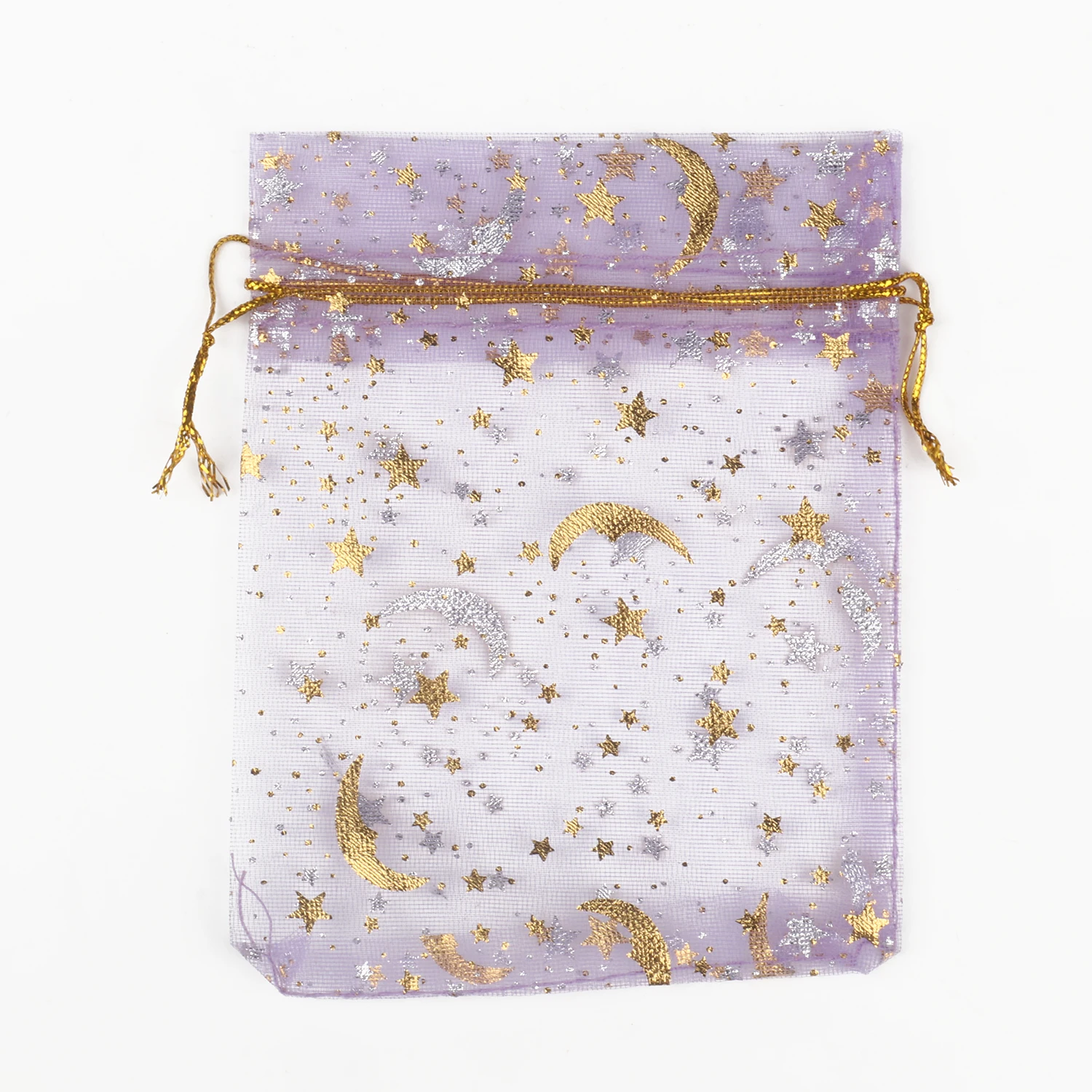 50pcs 9x12cm 11x16cm 13x18cm 17x23cm Mixed Gold Moon Star Adjustable Drawstring Pouch Bags for Wedding Gifts Organza Jewelry