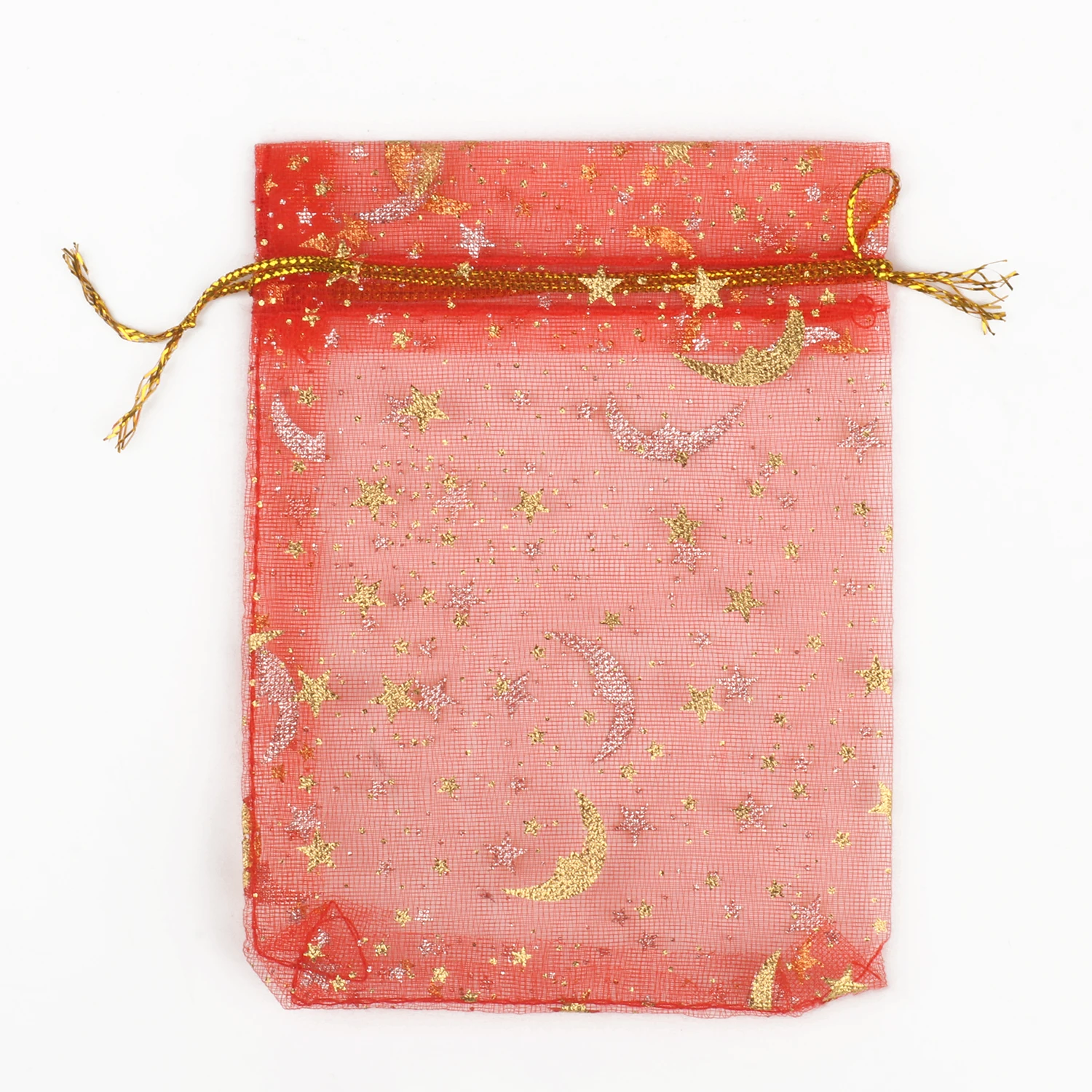 50pcs 9x12cm 11x16cm 13x18cm 17x23cm Mixed Gold Moon Star Adjustable Drawstring Pouch Bags for Wedding Gifts Organza Jewelry