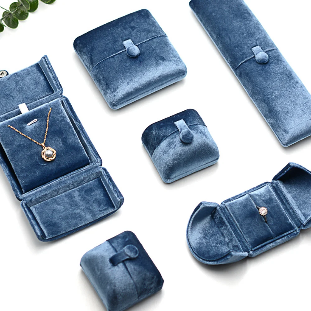 Double Opening Blue Velvet Jewelry Storage Box Necklace Ring Earrings Organizer Gift Box Solid Color Luxury Jewelry Box Joyero