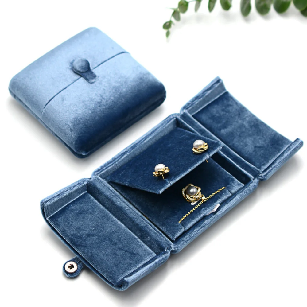 Double Opening Blue Velvet Jewelry Storage Box Necklace Ring Earrings Organizer Gift Box Solid Color Luxury Jewelry Box Joyero