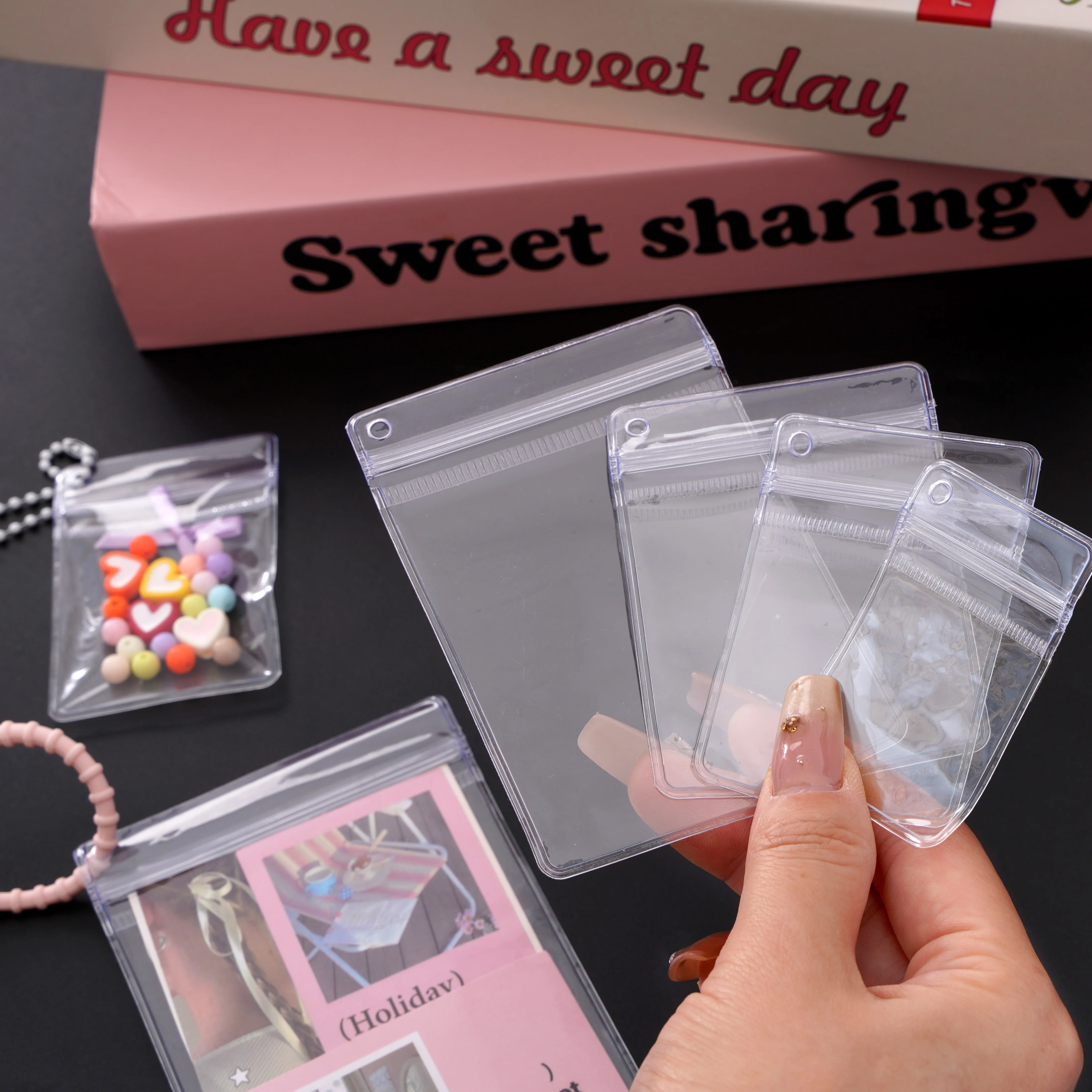 20pcs transparent PVC jewelry storage bag Hanging Sided Hole Bag Jewelry Bag Squeezable ID Photo Storage Bag