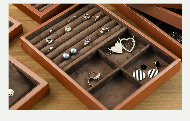 Brown Leather Jewelry Tray with Velvet Inside Watch Stand Necklace Ring Bracelet Storage Organizer Tray Earring Brooch Holder