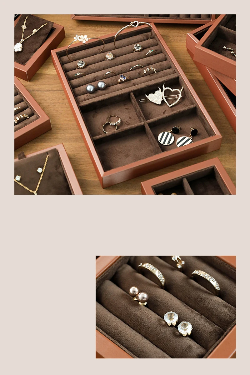 Brown Leather Jewelry Tray with Velvet Inside Watch Stand Necklace Ring Bracelet Storage Organizer Tray Earring Brooch Holder