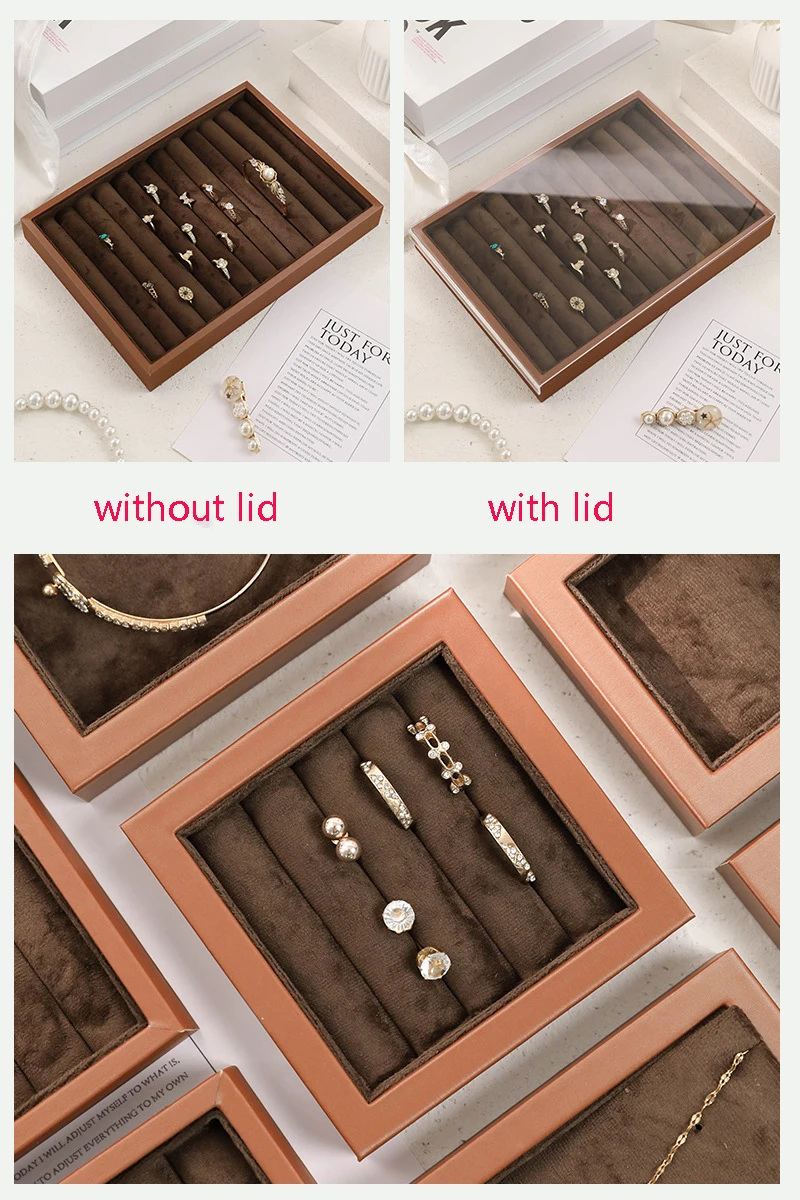 Brown Leather Jewelry Tray with Velvet Inside Watch Stand Necklace Ring Bracelet Storage Organizer Tray Earring Brooch Holder