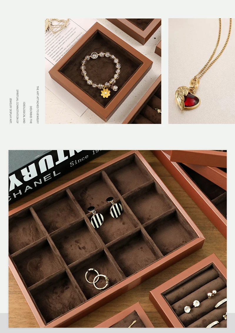Brown Leather Jewelry Tray with Velvet Inside Watch Stand Necklace Ring Bracelet Storage Organizer Tray Earring Brooch Holder