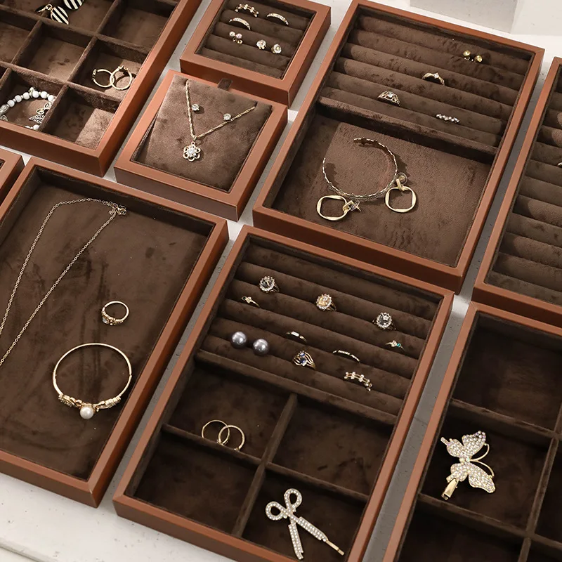 Brown Leather Jewelry Tray with Velvet Inside Watch Stand Necklace Ring Bracelet Storage Organizer Tray Earring Brooch Holder