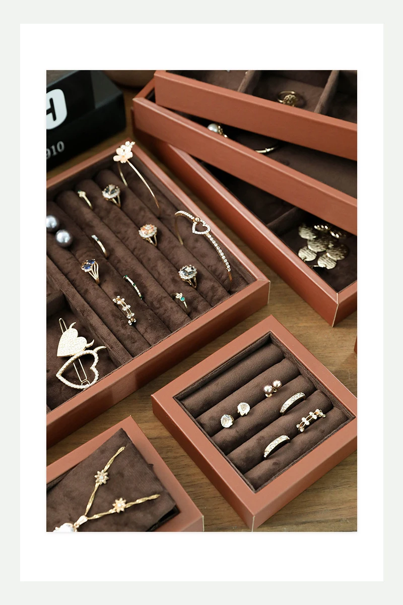 Brown Leather Jewelry Tray with Velvet Inside Watch Stand Necklace Ring Bracelet Storage Organizer Tray Earring Brooch Holder