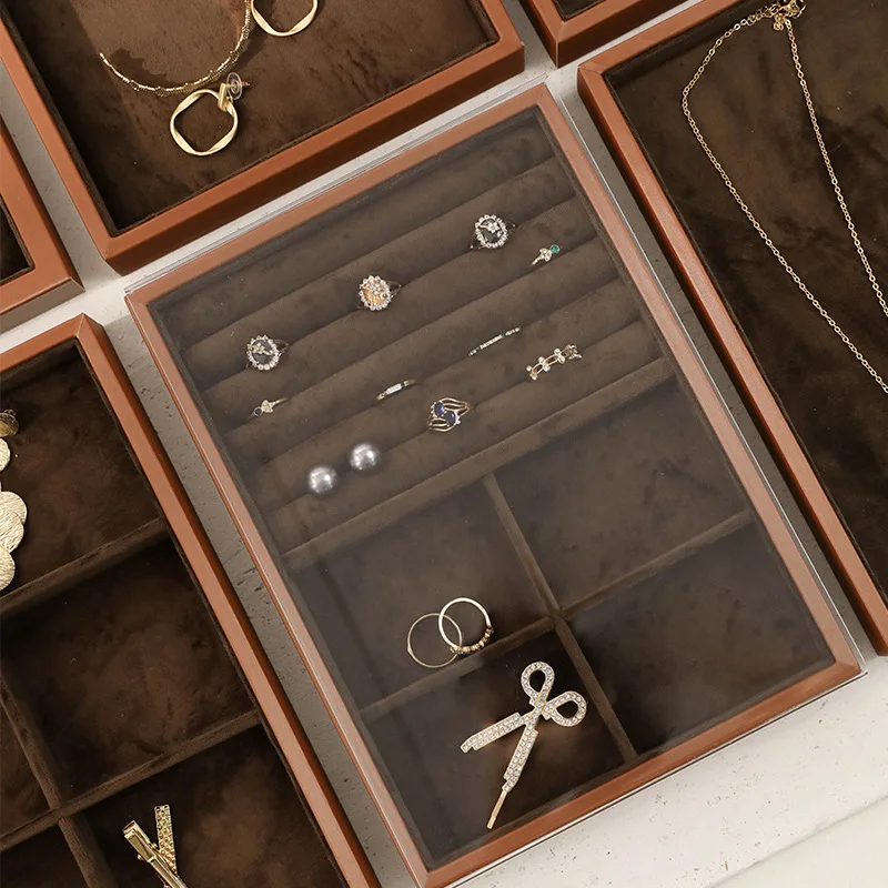 Brown Leather Jewelry Tray with Velvet Inside Watch Stand Necklace Ring Bracelet Storage Organizer Tray Earring Brooch Holder