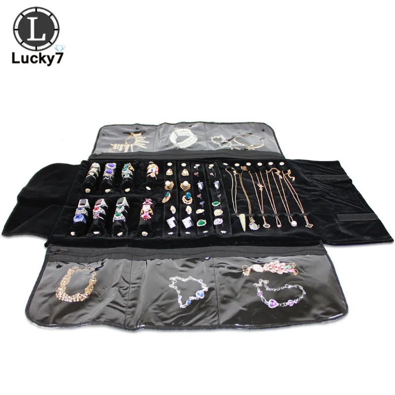 Portable Zipper Velvet Jewelry Roll Storage Bag Ring Pouch Pendant Necklace Folding Travel Organizer Earrings Bag