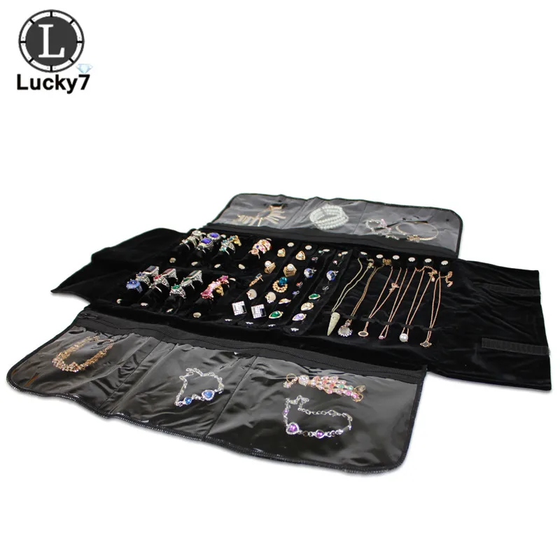 Portable Zipper Velvet Jewelry Roll Storage Bag Ring Pouch Pendant Necklace Folding Travel Organizer Earrings Bag
