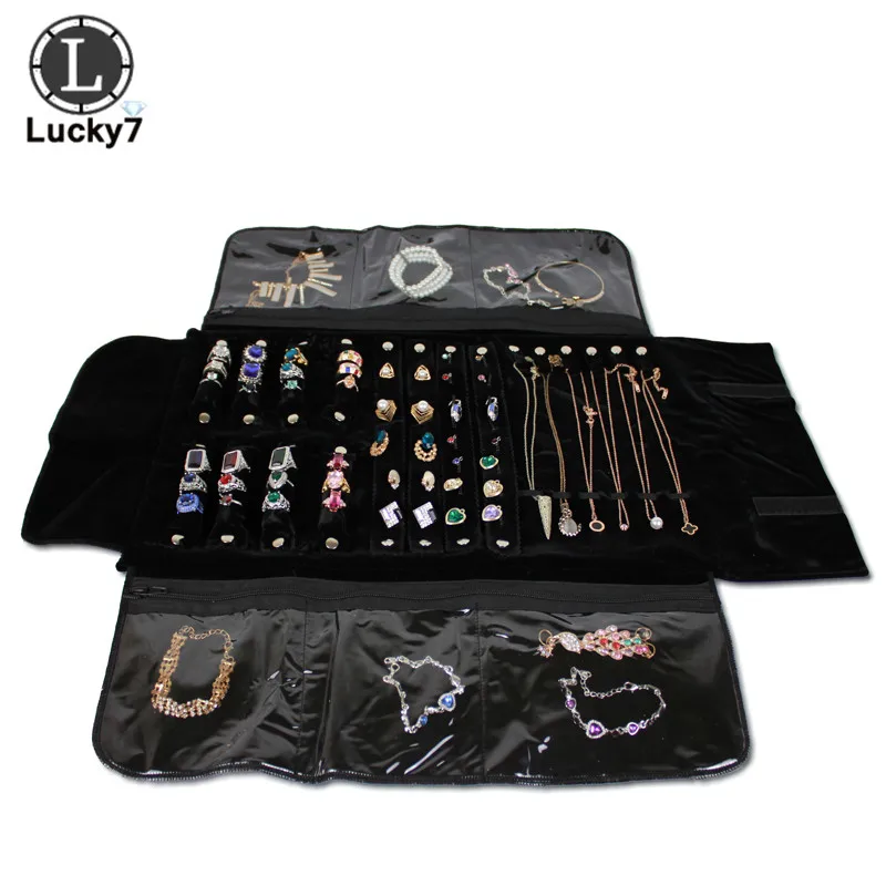 Portable Zipper Velvet Jewelry Roll Storage Bag Ring Pouch Pendant Necklace Folding Travel Organizer Earrings Bag