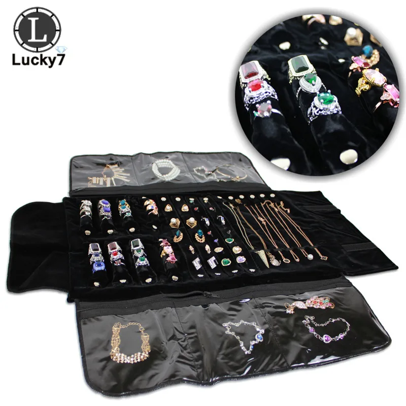 Portable Zipper Velvet Jewelry Roll Storage Bag Ring Pouch Pendant Necklace Folding Travel Organizer Earrings Bag