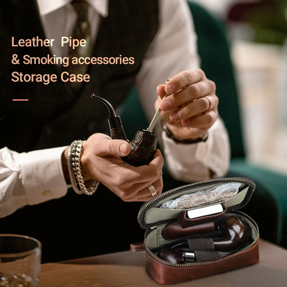 Portable Genuine Leather Tobacco Pipe Bag Can Hold Two Pipes Zippered Cigarette Holder Smoking Paper Holder Case Wallet Bag