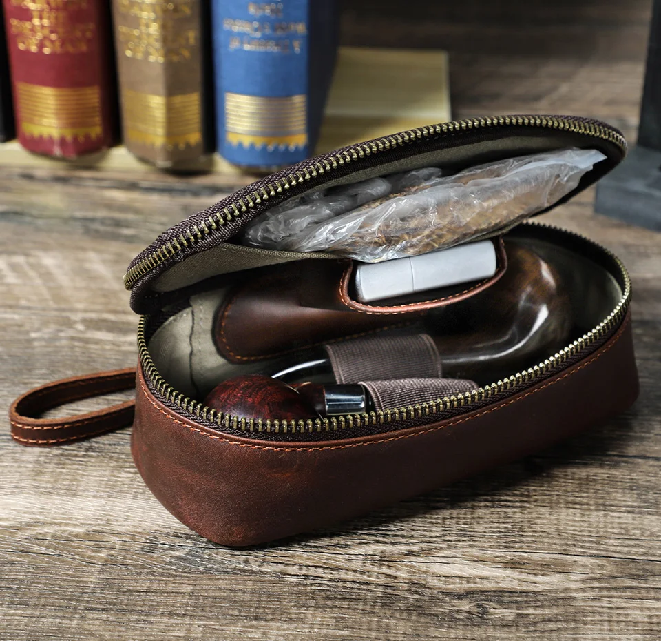 Portable Genuine Leather Tobacco Pipe Bag Can Hold Two Pipes Zippered Cigarette Holder Smoking Paper Holder Case Wallet Bag