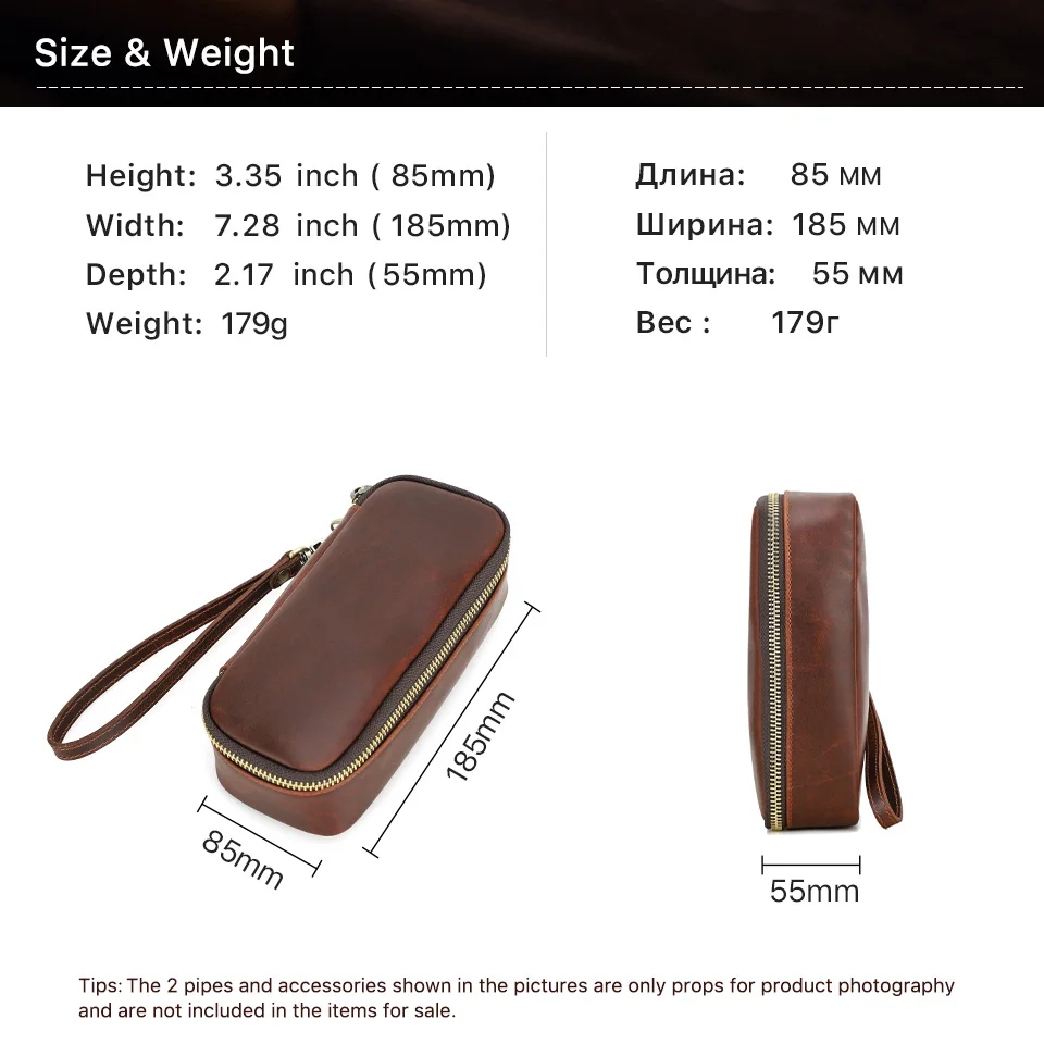 Portable Genuine Leather Tobacco Pipe Bag Can Hold Two Pipes Zippered Cigarette Holder Smoking Paper Holder Case Wallet Bag