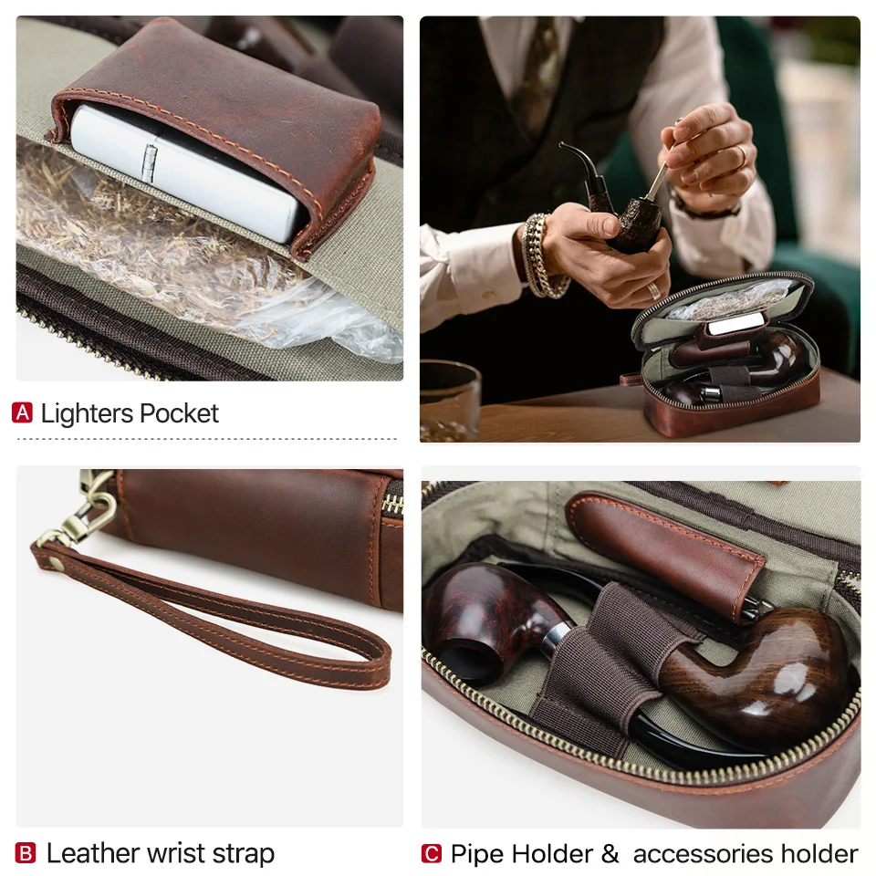 Portable Genuine Leather Tobacco Pipe Bag Can Hold Two Pipes Zippered Cigarette Holder Smoking Paper Holder Case Wallet Bag