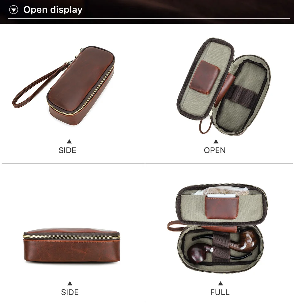 Portable Genuine Leather Tobacco Pipe Bag Can Hold Two Pipes Zippered Cigarette Holder Smoking Paper Holder Case Wallet Bag
