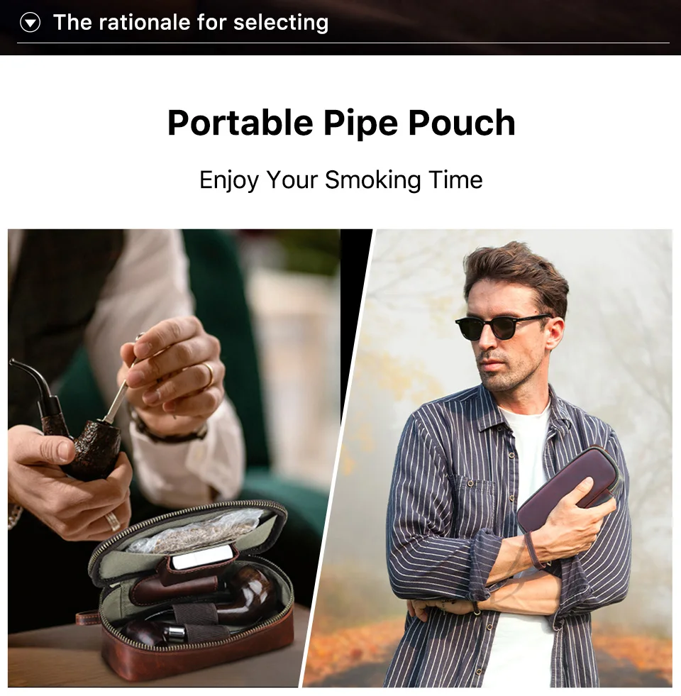 Portable Genuine Leather Tobacco Pipe Bag Can Hold Two Pipes Zippered Cigarette Holder Smoking Paper Holder Case Wallet Bag