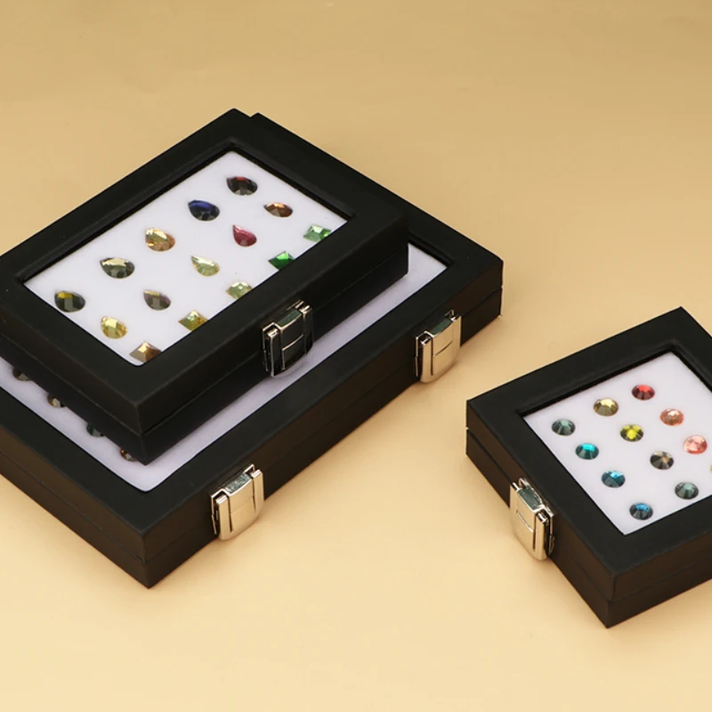 Jewelry Display Box Black Patent Leather Buckle Transparent Gem Box Diamond Ring Face Bare Stone Color Treasure Bare Diamond Box