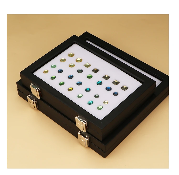 Jewelry Display Box Black Patent Leather Buckle Transparent Gem Box Diamond Ring Face Bare Stone Color Treasure Bare Diamond Box