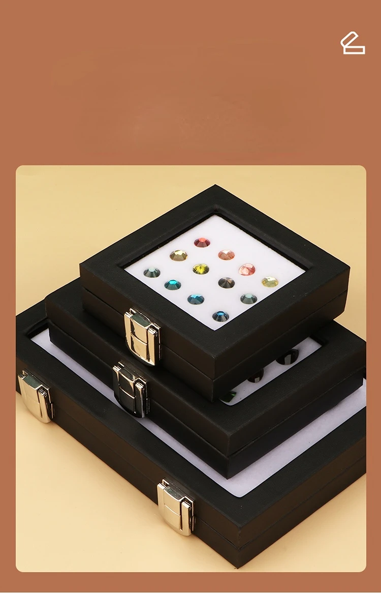 Jewelry Display Box Black Patent Leather Buckle Transparent Gem Box Diamond Ring Face Bare Stone Color Treasure Bare Diamond Box