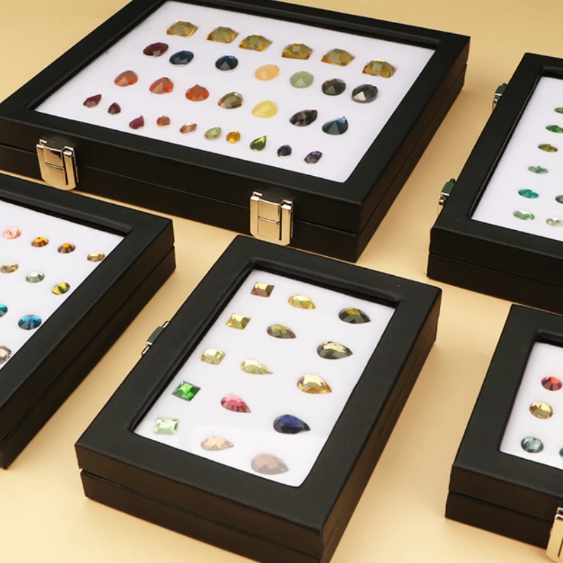 Jewelry Display Box Black Patent Leather Buckle Transparent Gem Box Diamond Ring Face Bare Stone Color Treasure Bare Diamond Box