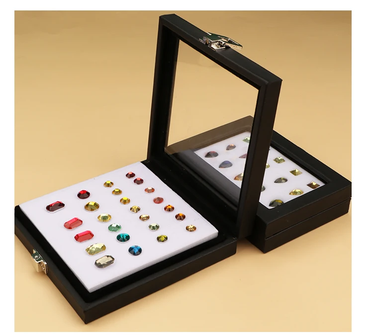 Jewelry Display Box Black Patent Leather Buckle Transparent Gem Box Diamond Ring Face Bare Stone Color Treasure Bare Diamond Box
