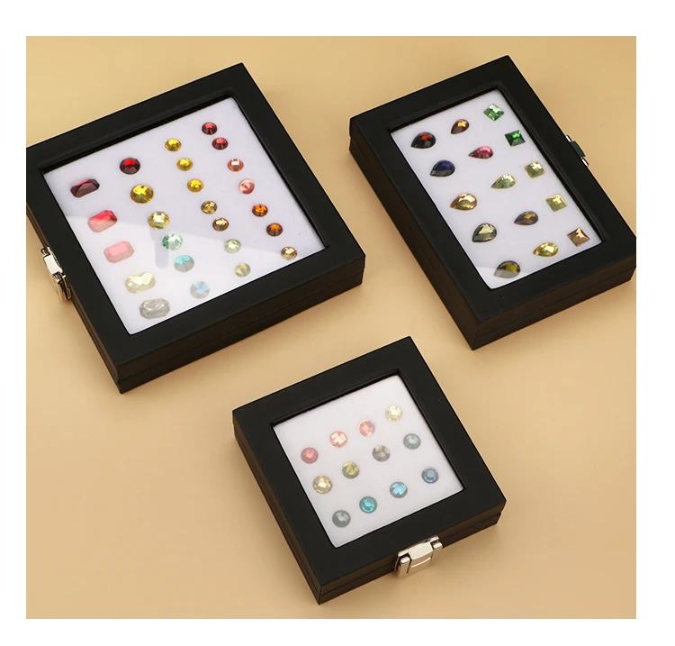 Jewelry Display Box Black Patent Leather Buckle Transparent Gem Box Diamond Ring Face Bare Stone Color Treasure Bare Diamond Box