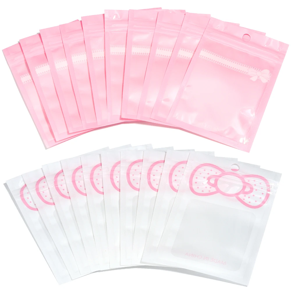 20pcs/lot Pink Clear Ziplock Bag Bow Tie Candy Cookies Packaging Bags Jewelry Ornament Beads Storage Pouches Gifts Snack Bag