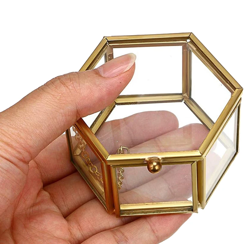 Hot Sale High-end Hexagonal Ring Box Gold And Jewelry Accessory Box Golden Glass Luxurious And Retro Jewelry Storage Box