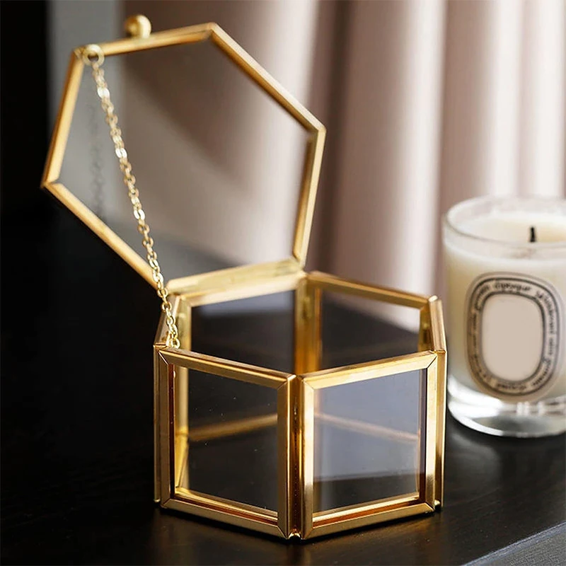 Hot Sale High-end Hexagonal Ring Box Gold And Jewelry Accessory Box Golden Glass Luxurious And Retro Jewelry Storage Box
