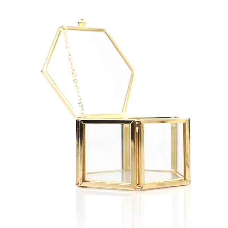 Hot Sale High-end Hexagonal Ring Box Gold And Jewelry Accessory Box Golden Glass Luxurious And Retro Jewelry Storage Box