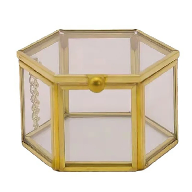 Hot Sale High-end Hexagonal Ring Box Gold And Jewelry Accessory Box Golden Glass Luxurious And Retro Jewelry Storage Box