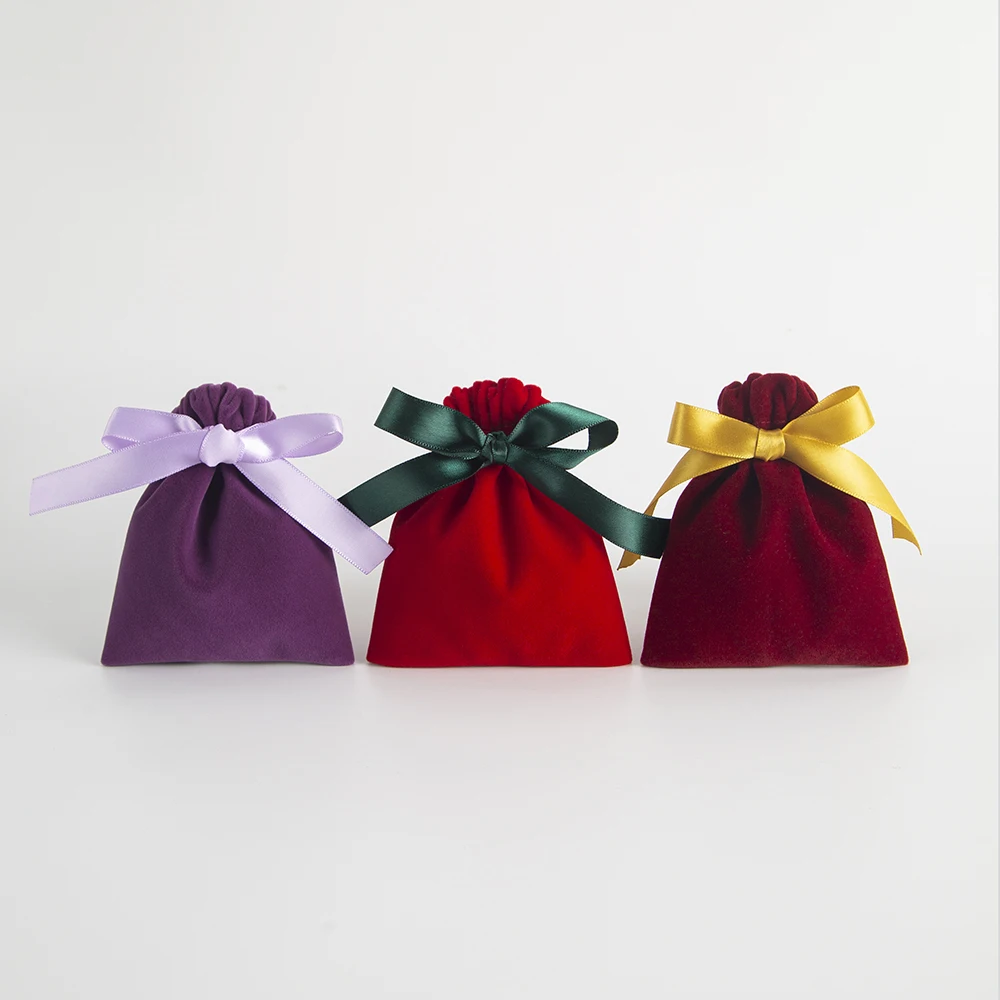 5pcs/Lot Bulk Beige Velvet Pouches Ribbon Jewelry Packing Display Storage For Wedding Candy Gift Travel Drawstring Dust Bags