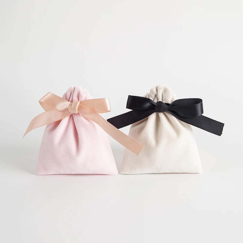 5pcs/Lot Bulk Beige Velvet Pouches Ribbon Jewelry Packing Display Storage For Wedding Candy Gift Travel Drawstring Dust Bags